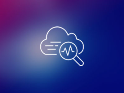 White cloud outline with a magnifying glass and heartbeat line, symbolizing cloud security and monitoring for the energy and utilities sector, on a blue and pink gradient background.