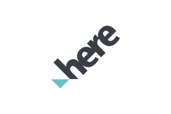 HERE logo with stylized lowercase letters and a blue geometric arrow shape.