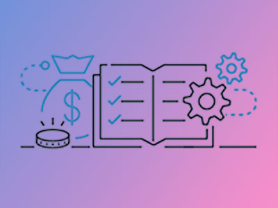 Illustration representing AWS energy and utilities documentation, featuring an open book with checklist, a gear, a coin, and a money bag on a blue and pink gradient background.