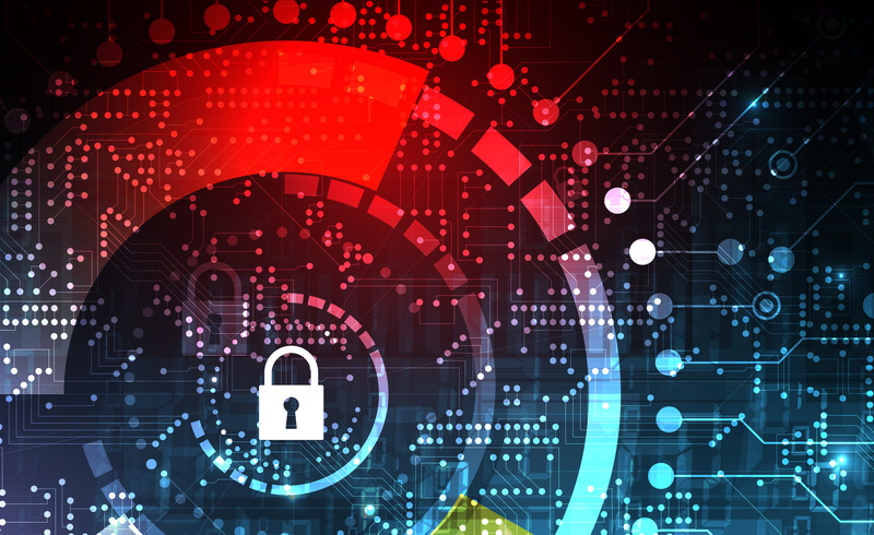 Abstract digital illustration featuring a padlock symbol in the center, representing cybersecurity and data protection. The design includes colorful circular shapes and digital circuit patterns, emphasizing network security and technology.