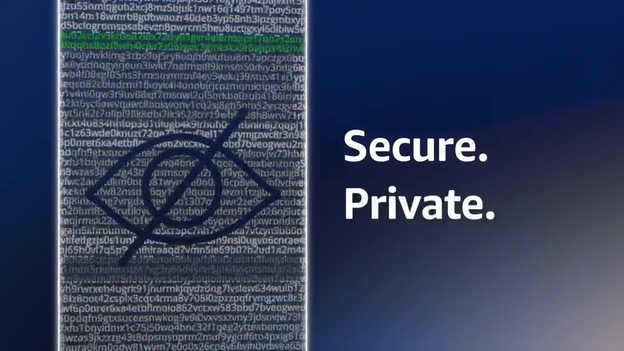 YouTube thumbnail image showing encrypted text background with an eye symbol crossed out and the words 'Secure. Private.' indicating security and privacy through encryption.