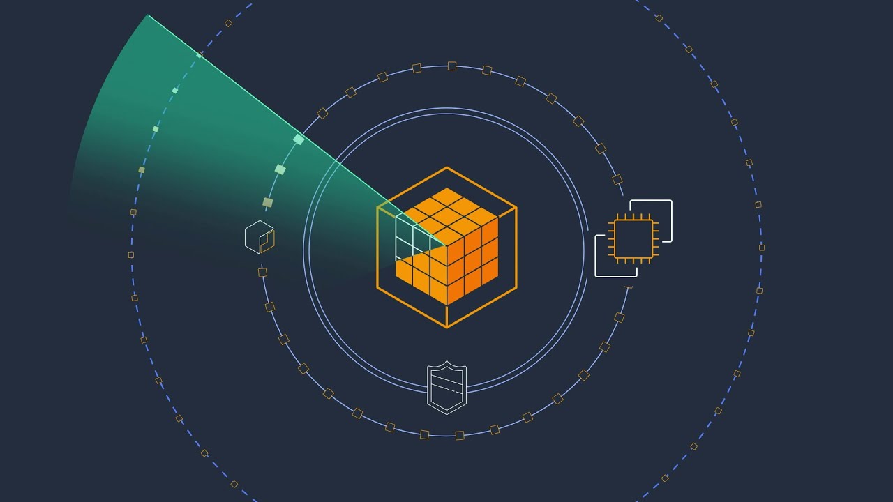 An abstract illustration of AWS security features, showing a central orange cube surrounded by digital and technical icons, representing concepts like compliance, data protection, and secure infrastructure.
