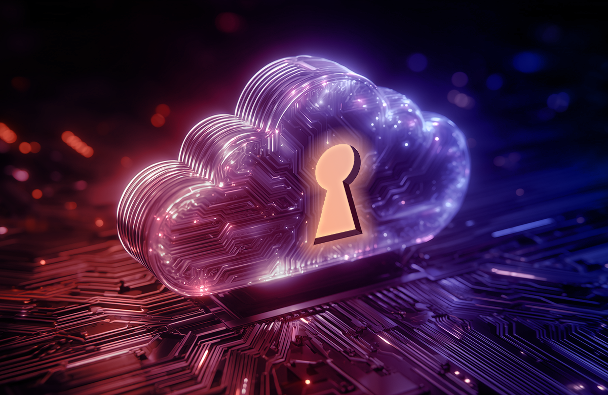 A digital illustration of a glowing cloud shape with electronic circuit patterns and a keyhole in its center, symbolizing secure and sovereign cloud computing and data protection.