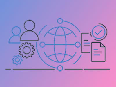 A conceptual line illustration representing security, identity, and compliance in the energy and utilities sector. The image features icons of people, gears, a globe, and documents with check marks, set against a gradient blue and purple background.