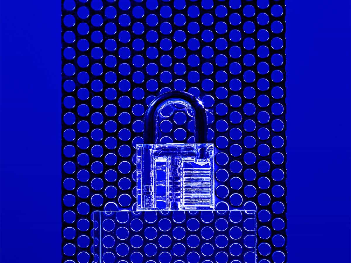 A blue-themed digital illustration featuring a transparent padlock, representing cybersecurity and digital security concepts.