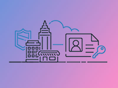 Illustration featuring buildings, a shield, a cloud, and an identification card with a key, representing security and identity management in the energy and utilities sector.