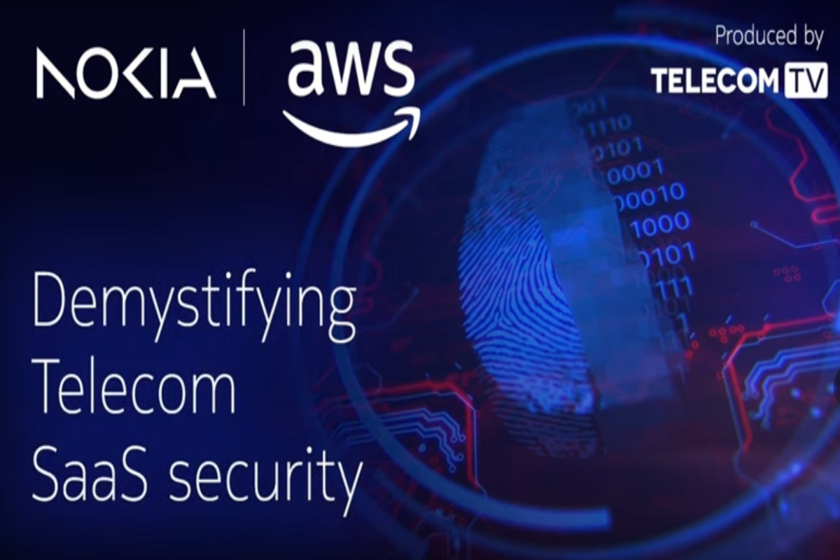Thumbnail image for the video 'Demystifying Telecom SaaS Security,' featuring branding for Nokia, AWS, and Telecom TV, with a digital fingerprint and binary code graphics representing cybersecurity in the telecommunications SaaS sector.