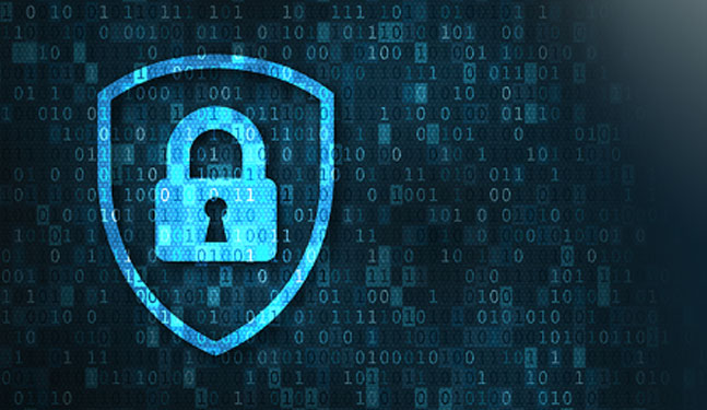 A digital shield with a padlock symbol in the center, representing cybersecurity and data protection, set against a background of binary code.
