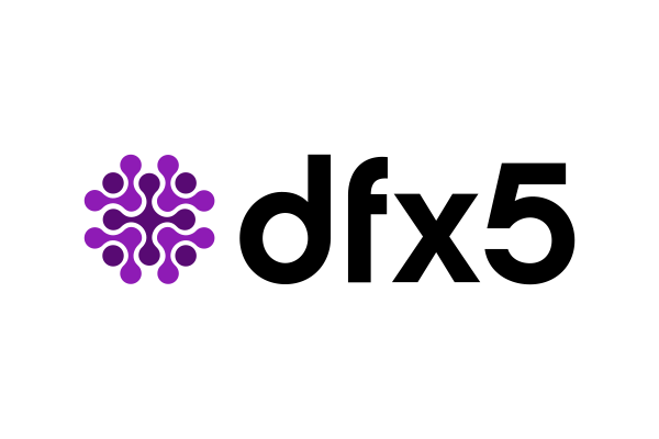 The dfx5 logo featuring a purple abstract symbol on the left and bold black 'dfx5' text on the right, on a white background.