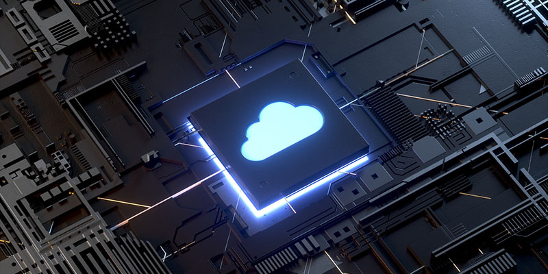 A stylized circuit board with a glowing microchip featuring a cloud icon, representing cloud computing technology and AWS security.