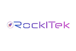 Logo for RockITek featuring gradient text and a rocket icon on a white background.