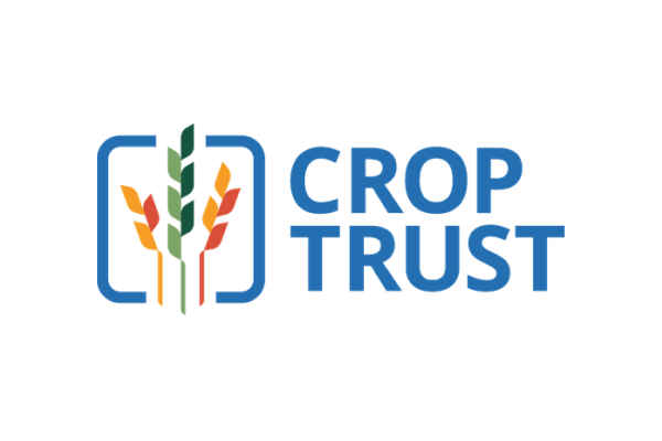 Logo of Crop Trust featuring colorful wheat stalks framed by brackets and the text "CROP TRUST" in blue.