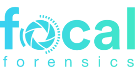 Logo for Focal Forensics, featuring stylized text with a camera shutter design representing the 'o' in 'focal'.