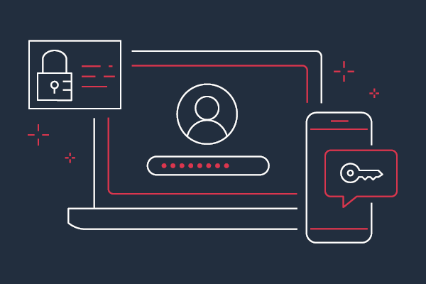 Illustration of digital security featuring a laptop with a login screen, a smartphone with a key icon, and a padlock symbol.