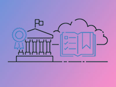 An illustration representing security compliance in the energy and utilities sector, featuring a government building, a certification ribbon, and an open checklist book with a cloud in the background on a gradient blue-pink background.
