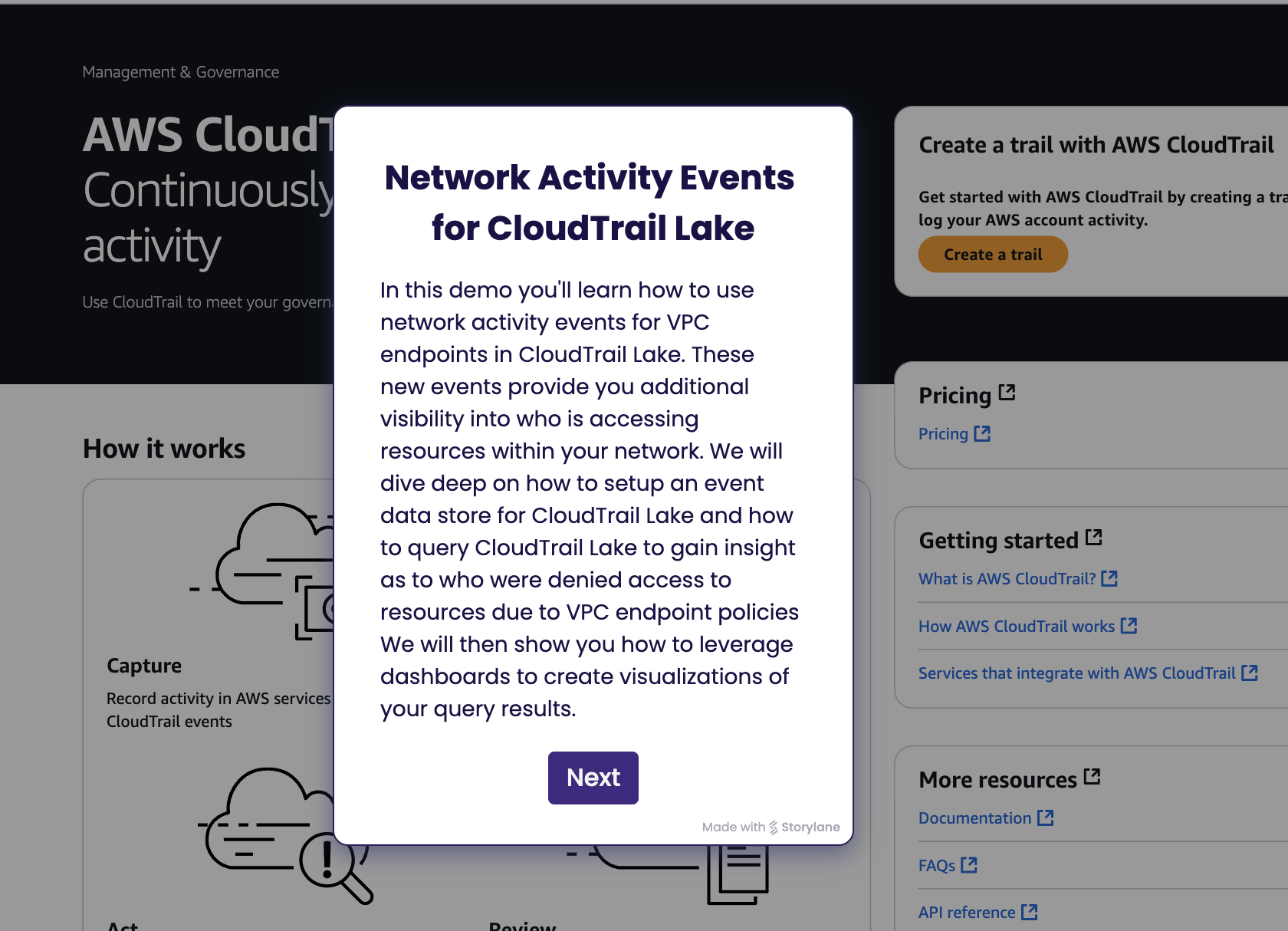 Screenshot of a demo describing Network Activity Events for CloudTrail Lake in AWS. The highlighted message explains how to use network activity events for VPC endpoints in CloudTrail Lake to gain insight into resource access, set up an event data store, query events, and use dashboards to visualize query results.