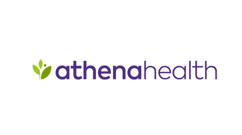 athenahealth logo featuring purple and green text with a leaf graphic on a white background