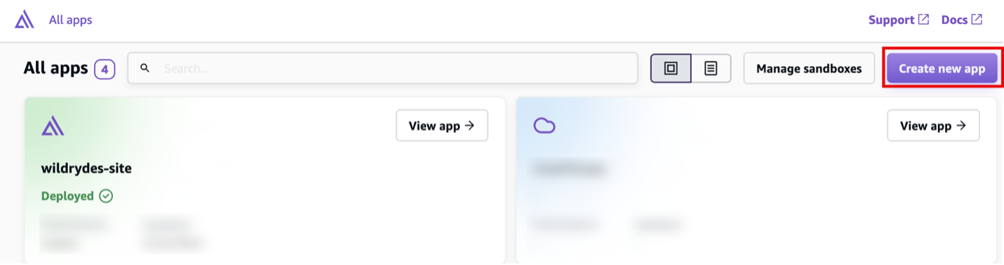 Screenshot of the AWS console All apps dashboard, showing a list of apps with deployment status and options to manage sandboxes or create a new app.