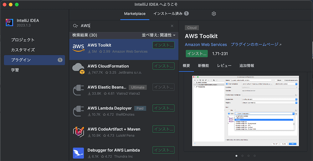 Screenshot showing the AWS Toolkit and other AWS-related plugins listed in the IntelliJ IDEA plugin marketplace interface, with the UI language set to Japanese.