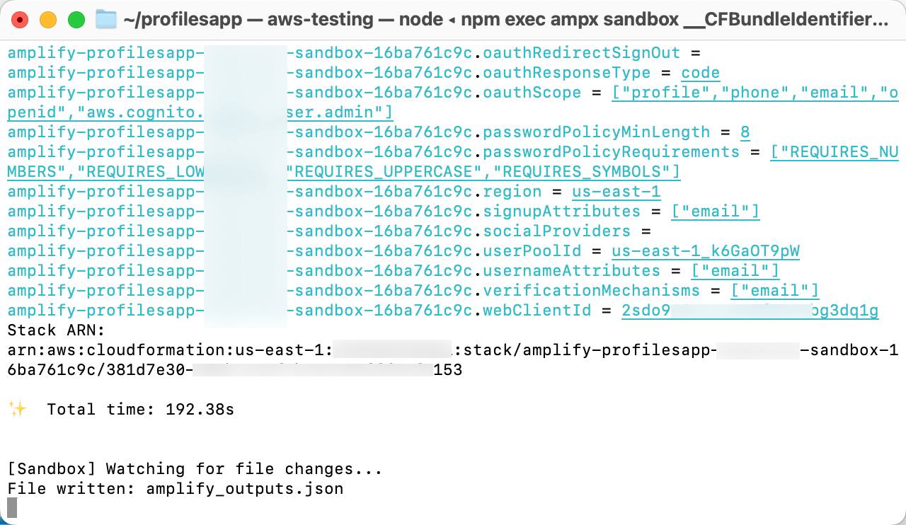 Screenshot of a Mac terminal showing AWS Amplify profiles app configuration, CloudFormation stack ARN output, and sandbox deployment status. The console displays environment variables and completion messages for deploying an Amplify app using Node.js and AWS services.