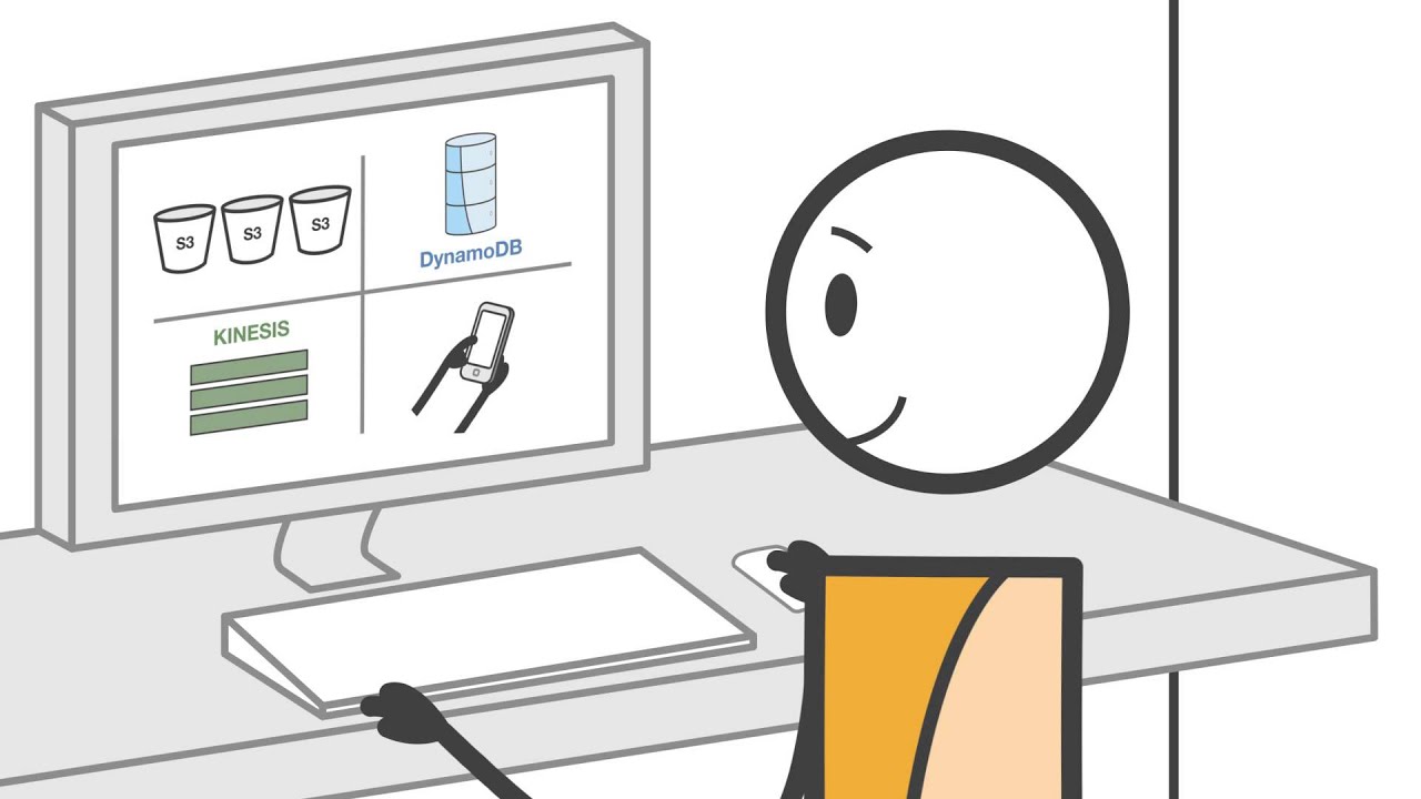 Cartoon illustration of a person at a desk using a computer displaying AWS services icons, including S3, DynamoDB, Kinesis, and a mobile device.