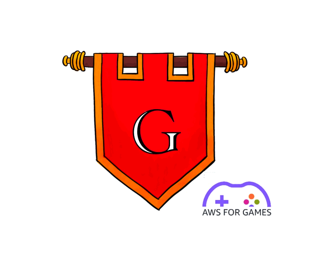 A graphic banner showing a medieval-style red guild banner with a large letter 'G', alongside the AWS for Games logo featuring a game controller icon. Represents the AWS for Games Serverless Guild.