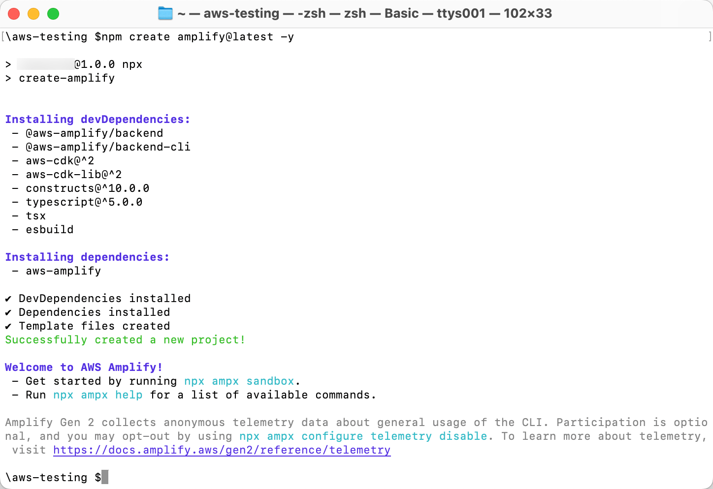 Screenshot showing the setup process for a new AWS Amplify project in a terminal using the npm create amplify@latest command. Various dependencies are installed, and the completion message for successfully creating a new project is displayed, along with guidance for next steps using AWS Amplify CLI.
