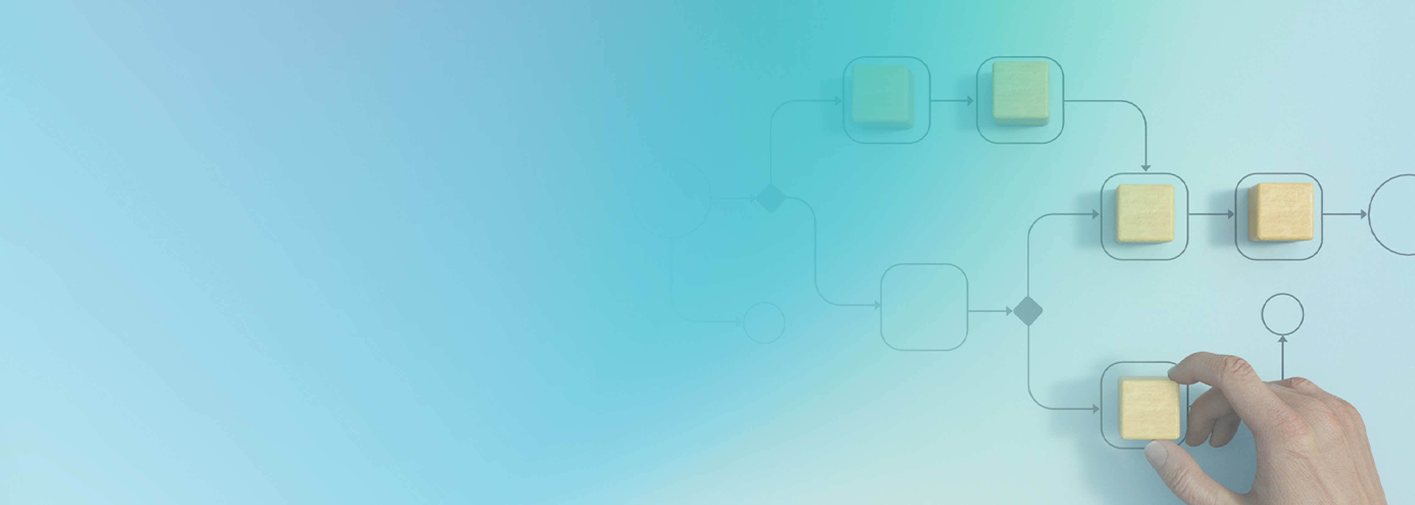 A hand placing wooden cubes on a visual flowchart diagram representing a serverless local development environment, with a blue gradient background.