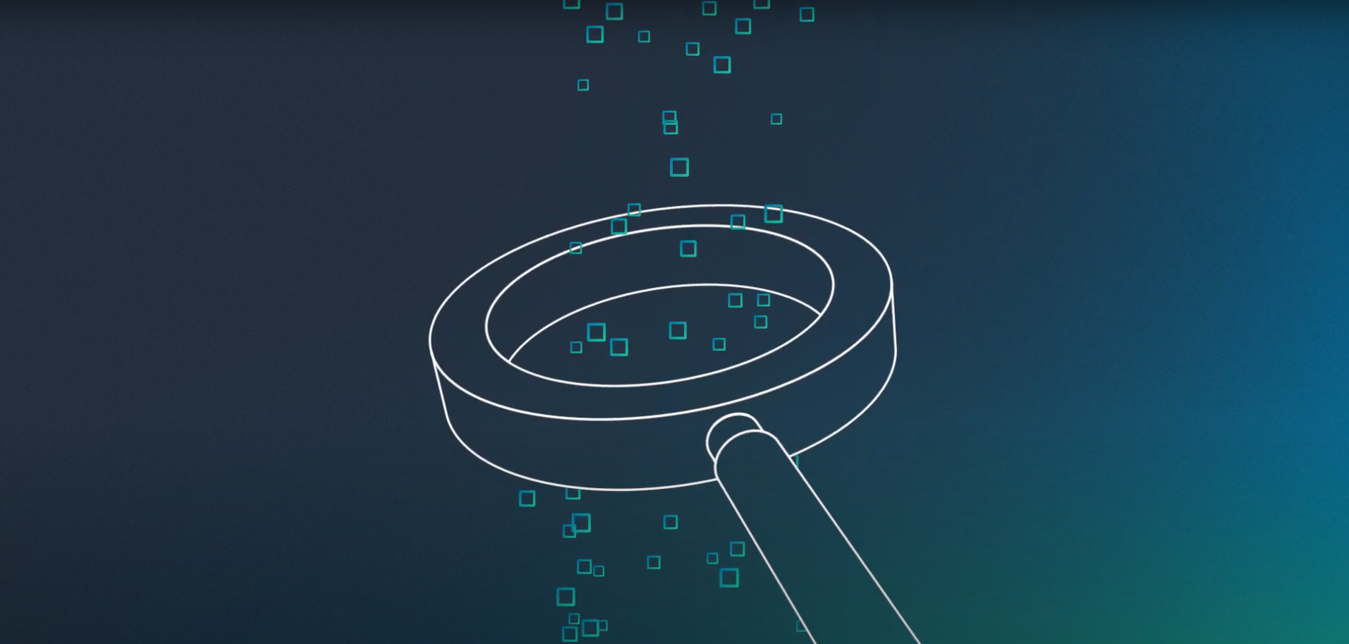 Illustration of a magnifying glass inspecting or analyzing small data blocks, representing data analysis or monitoring in a serverless cloud computing context.