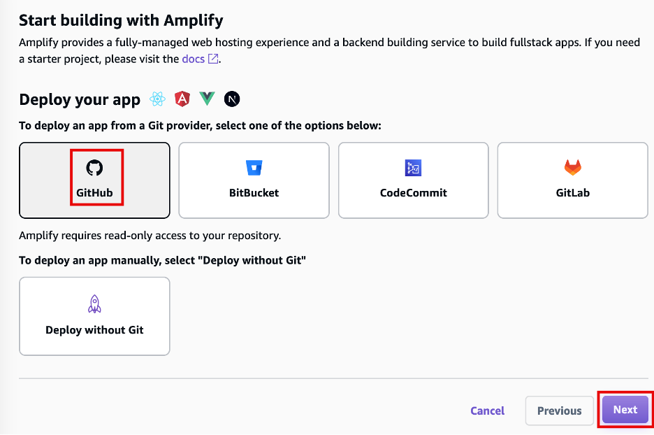 Screenshot of the AWS Amplify interface showing the 'Start building with Amplify' setup screen. Options to deploy your app from a Git provider (GitHub, BitBucket, CodeCommit, GitLab) or 'Deploy without Git' are displayed, with GitHub and 'Next' highlighted.