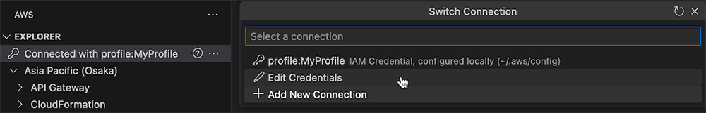 Screenshot showing the AWS Explorer in a development environment connected with a local IAM profile and the interface for switching AWS connections, including options to select, edit credentials, or add a new connection.