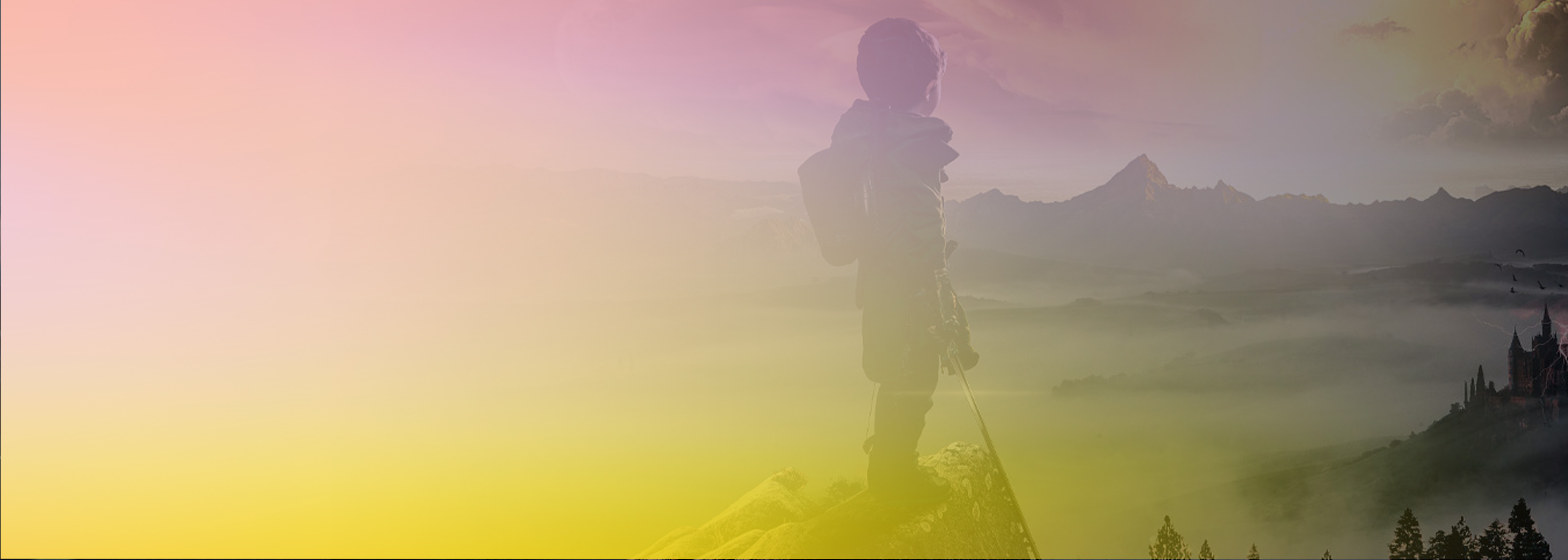 A digital illustration showing a silhouetted adventurer standing on a mountaintop with a fantasy castle in the misty valley below, symbolizing a heroic journey. The scene is overlaid with a soft gradient, representing the concept of serverless game achievement microservices using DynamoDB.