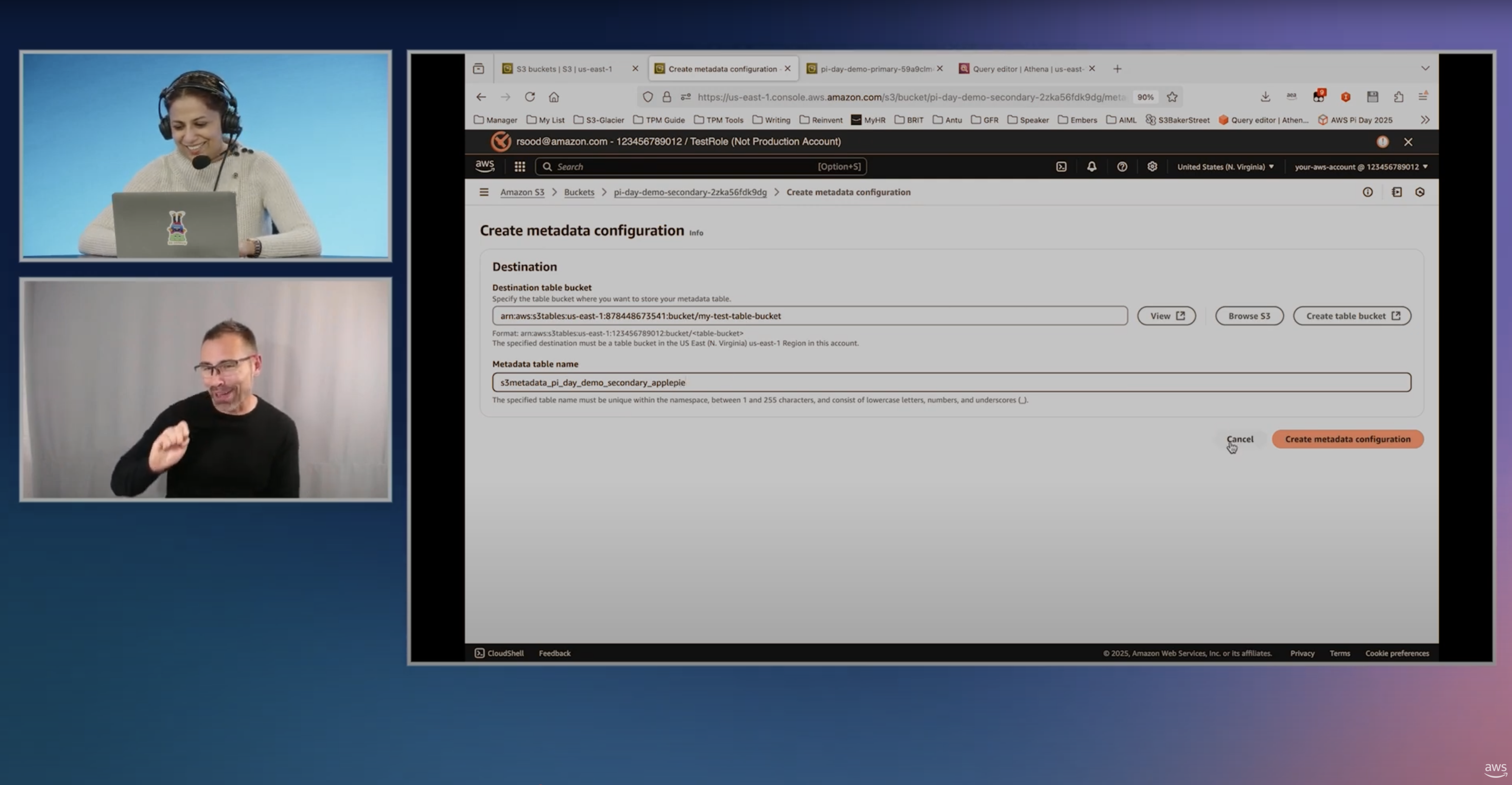 Screenshot of an AWS Pi Day webinar showing a demo of creating a metadata configuration in Amazon S3. The screen includes two presenters and the AWS Management Console displaying the 'Create metadata configuration' page for an S3 bucket.