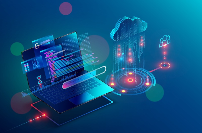 Illustration of cloud data storage technology showing a laptop connected to a digital cloud, symbolizing cloud computing and data transfer.
