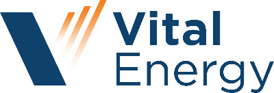 Vital Energy company logo featuring a stylized 'V' with orange and blue lines and the text 'Vital Energy'.