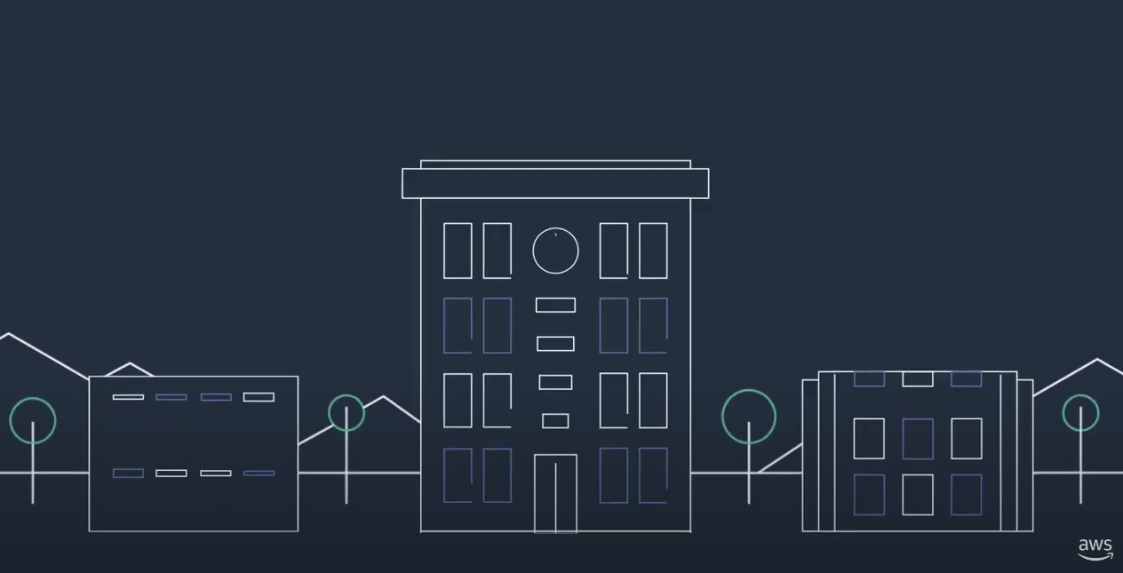 Outline illustration of buildings and trees against a dark background, with a central tall building flanked by smaller structures.