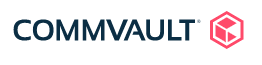 "Commvault logo with dark blue text and a pink geometric cube icon."