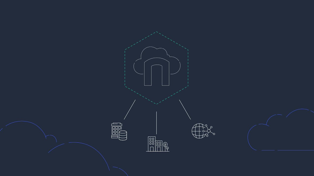 Illustration of a cloud icon within a hexagon, connected to symbols representing data storage, buildings, and a network globe, on a dark background.