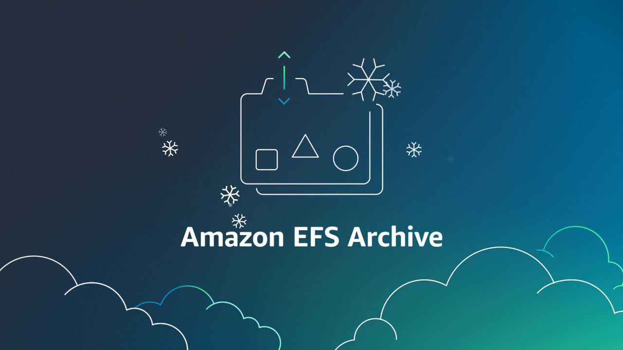 YouTube thumbnail image featuring a graphic of a folder with snowflakes, clouds, and the text 'Amazon EFS Archive' on a gradient blue background.