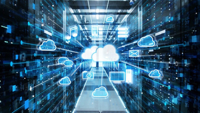 Illustration of a data center with digital cloud icons and technology symbols representing cloud computing and data storage solutions.