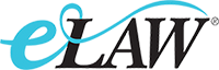 eLaw logo with blue script 'e' and black 'LAW' text on a transparent background.