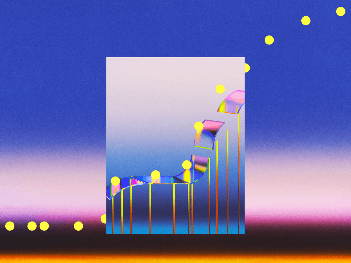 Abstract digital illustration featuring a gradient background with a central graphic representing data growth, using curved blocks, yellow dots, and vivid colors to symbolize cloud storage or digital data movement.