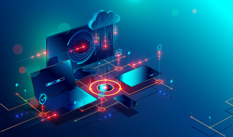 An illustration representing cloud data storage, featuring a laptop, desktop monitor, tablet, smartphone, and cloud symbol interconnected with digital data flow, symbolizing secure and modern cloud computing and data storage solutions.