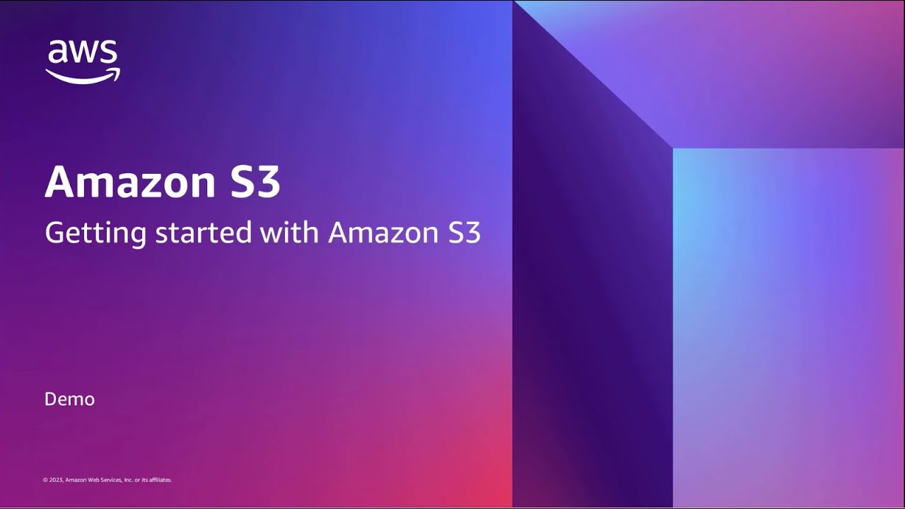 "Amazon S3 'Getting started with Amazon S3' demo slide with AWS logo and gradient purple-blue background."