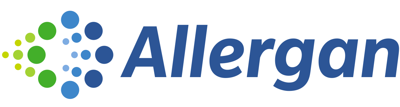 "Allergan logo with blue and green circular dot design."