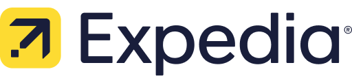 Expedia logo with a yellow square featuring an upward arrow.