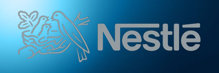 Nestlé logo featuring a bird in a nest with two chicks on a blue gradient background.