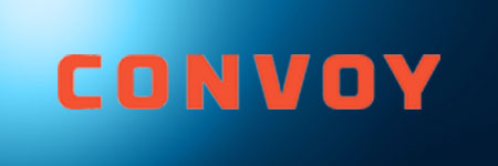 The image displays the word 'CONVOY' in bold, orange capital letters on a blue gradient background.