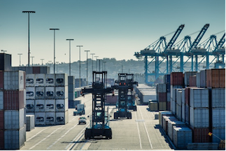 A busy container port with stacked shipping containers, cranes, and transport vehicles, illustrating supply chain and logistics improvement.