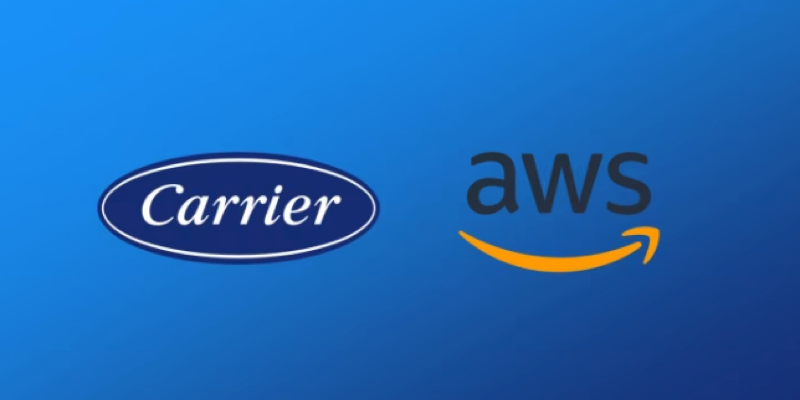 Logos of Carrier and AWS on a blue gradient background, representing their collaboration to address cold chain management and reduce food spoilage.